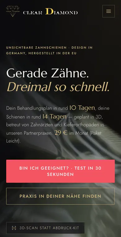 Startseite von Clear Diamond auf dem Handy mit Eignungstest und Praxissuche