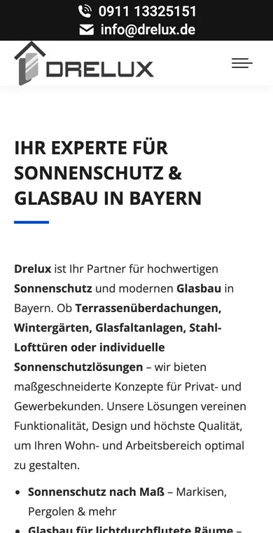 Startseite von Drelux auf dem Handy mit Überschrift und Einstiegstext