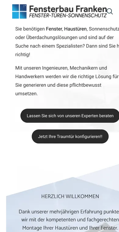 Startseite von Fensterbau Franken auf dem Handy mit Einstiegstext und zwei Knöpfen