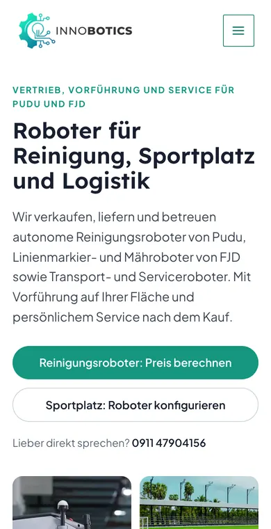 Startseite von Innobotics auf dem Handy mit Überschrift und Preisrechner