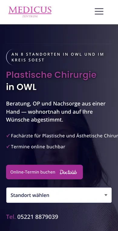 Startseite von Medicus Zentrum auf dem Handy mit Terminknopf und Standortauswahl